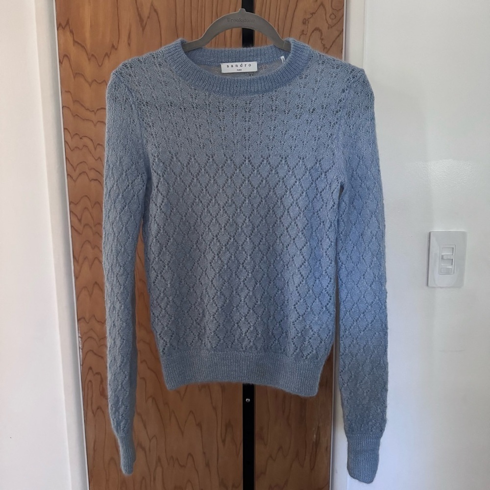 Sandro Pointelle Decorative Mohair Silk Blue open Knit sweater size small - Picture 4 of 10